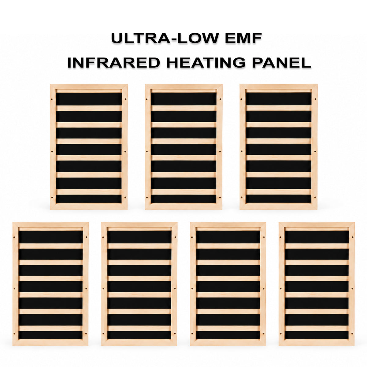 7-piece 2100W low EMF mica infrared sauna heating panel kit with seven 300W heaters for DIY sauna construction and replacement.