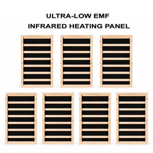 7-piece 2100W low EMF mica infrared sauna heating panel kit with seven 300W heaters for DIY sauna construction and replacement.