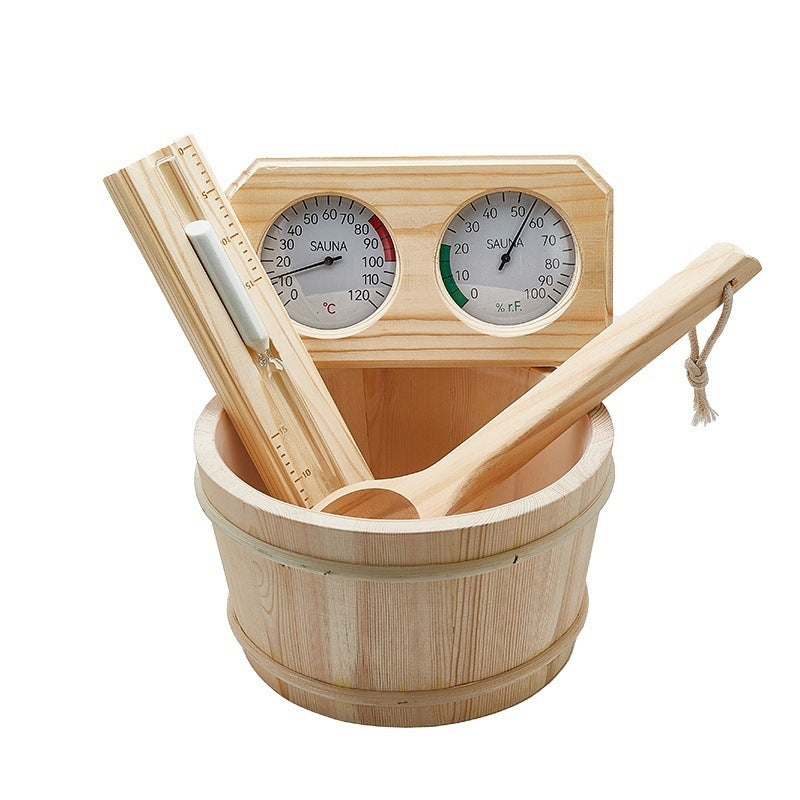 SaunaPartsWorld Accessory Package Pine WoodSauna Wooden Bucket, Wooden Ladle, Sauna Thermometer, Sauna Hygrometer Set