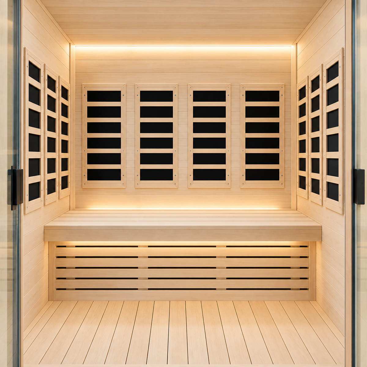 Low EMF mica infrared heating panels mounted inside an infrared sauna for consistent heat coverage.