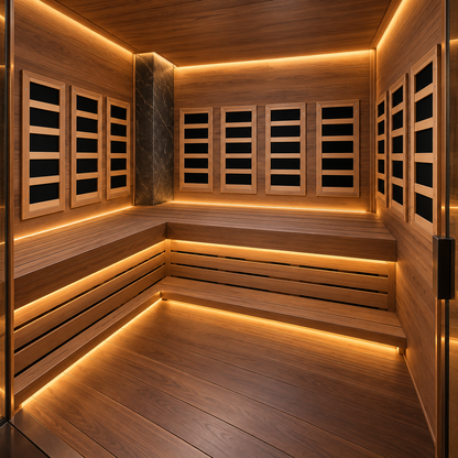 Low EMF mica infrared heating panels mounted inside an infrared sauna for consistent heat coverage.