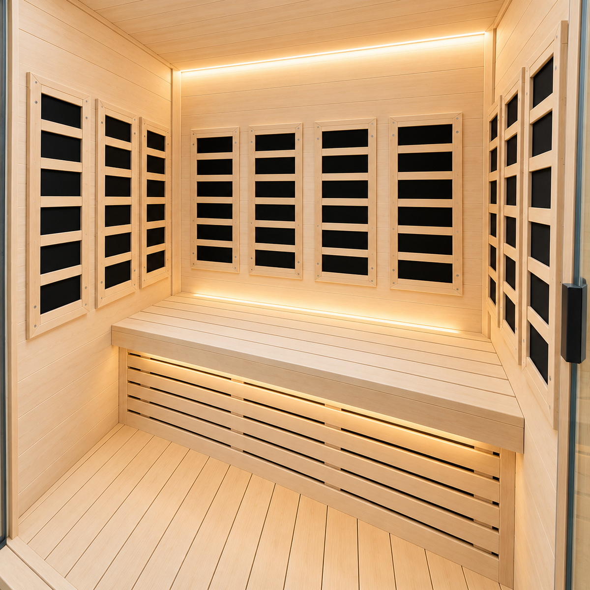 DIY-built infrared sauna interior featuring mica far infrared heating panels.