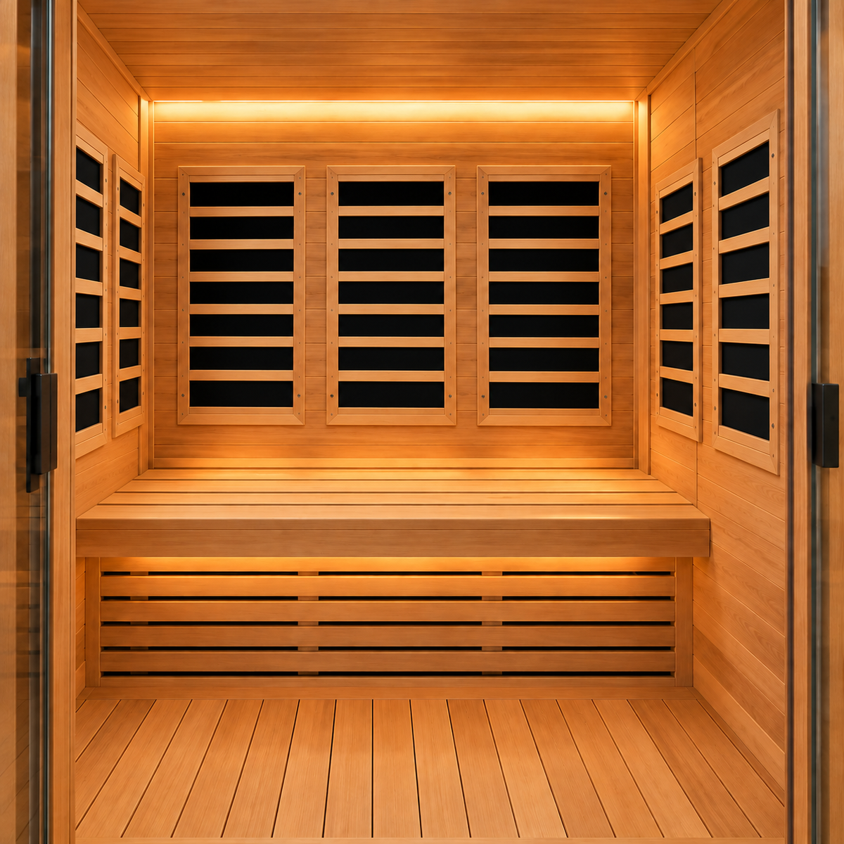 Mica infrared heating panels installed inside a custom DIY infrared sauna.