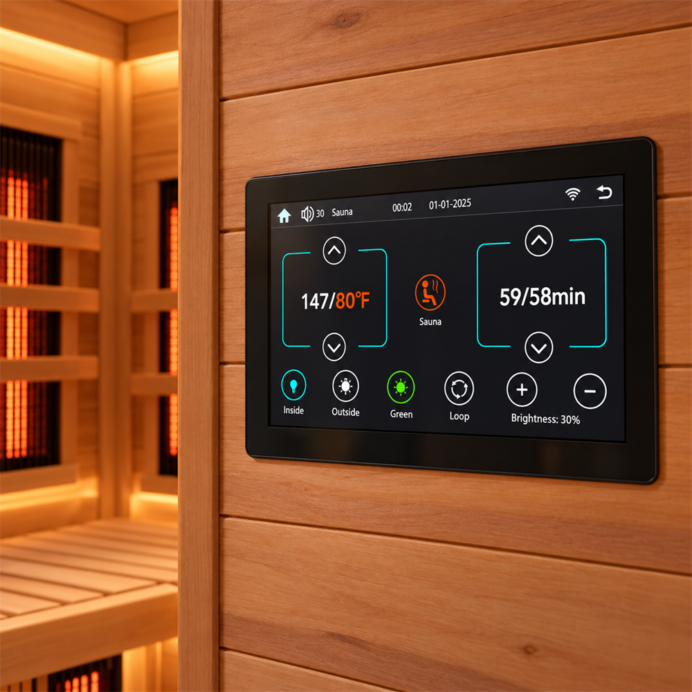 HeatWave Cedar Elite upgraded 7-inch touchscreen sauna control panel replacement with larger display for temperature, timer, and lighting control.