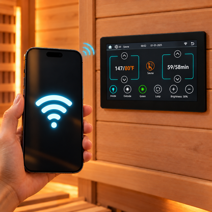 Replacement control system for HeatWave Cedar Elite sauna, including a new control panel and power box with mobile WiFi control, allowing users to manage sauna settings directly from their smartphone.
