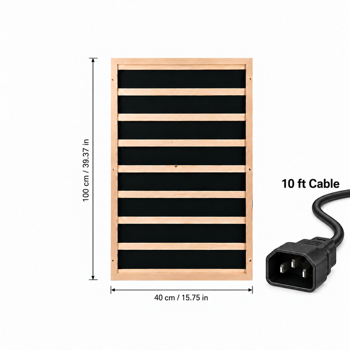 300W low EMF mica infrared sauna heating panel with a pre-attached 10 ft C14 power cable for easy plug-and-play installation with compatible sauna controllers.